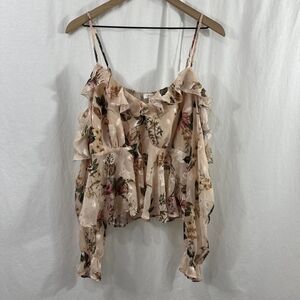 A. Peach Chiffon Pink Cold Shoulder Ruffle Top Womens L Romantic Boho Floral